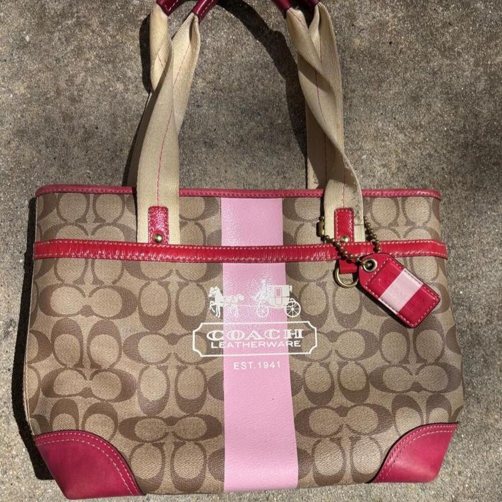 Vintage y2k Coach Heritage Signature Pink Striped Purse, great condition!